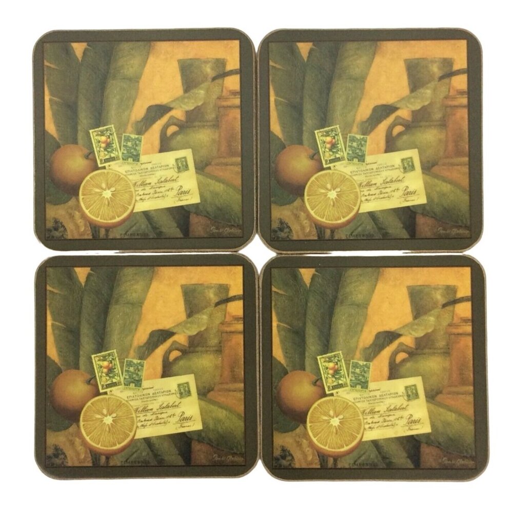 Pimpernel Set Of 4 Coasters Cork Backing Tangerines Stamps Postcard Design